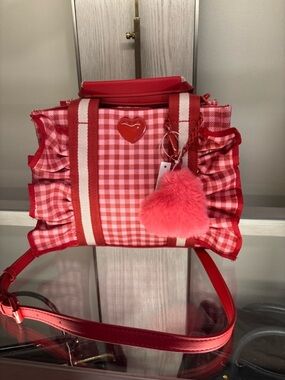 Betsey Johnson Red Pink Gingham Crossbody with Heart Charm
